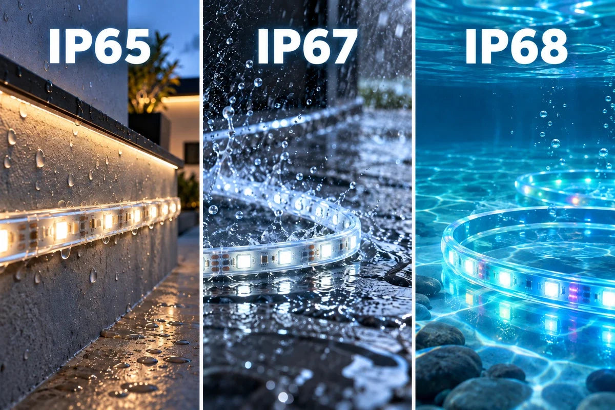 LED strip waterproof ratings compared, showing splash, immersion and submerged protection