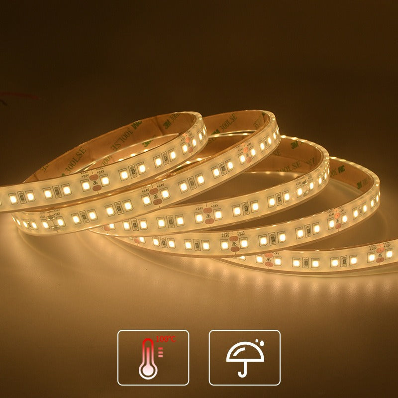 Sauna LED strip lights close-up showing 2835 SMD LEDs at 120 LEDs/m on a 10mm PCB
