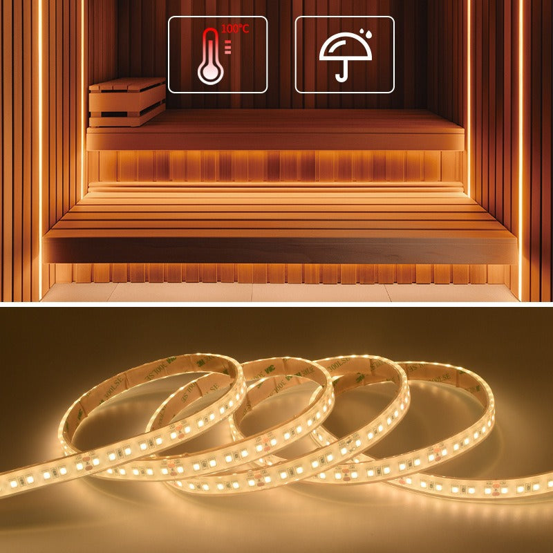 IP68 waterproof 24V LED tape rated to 100C for sauna, steam room and spa lighting