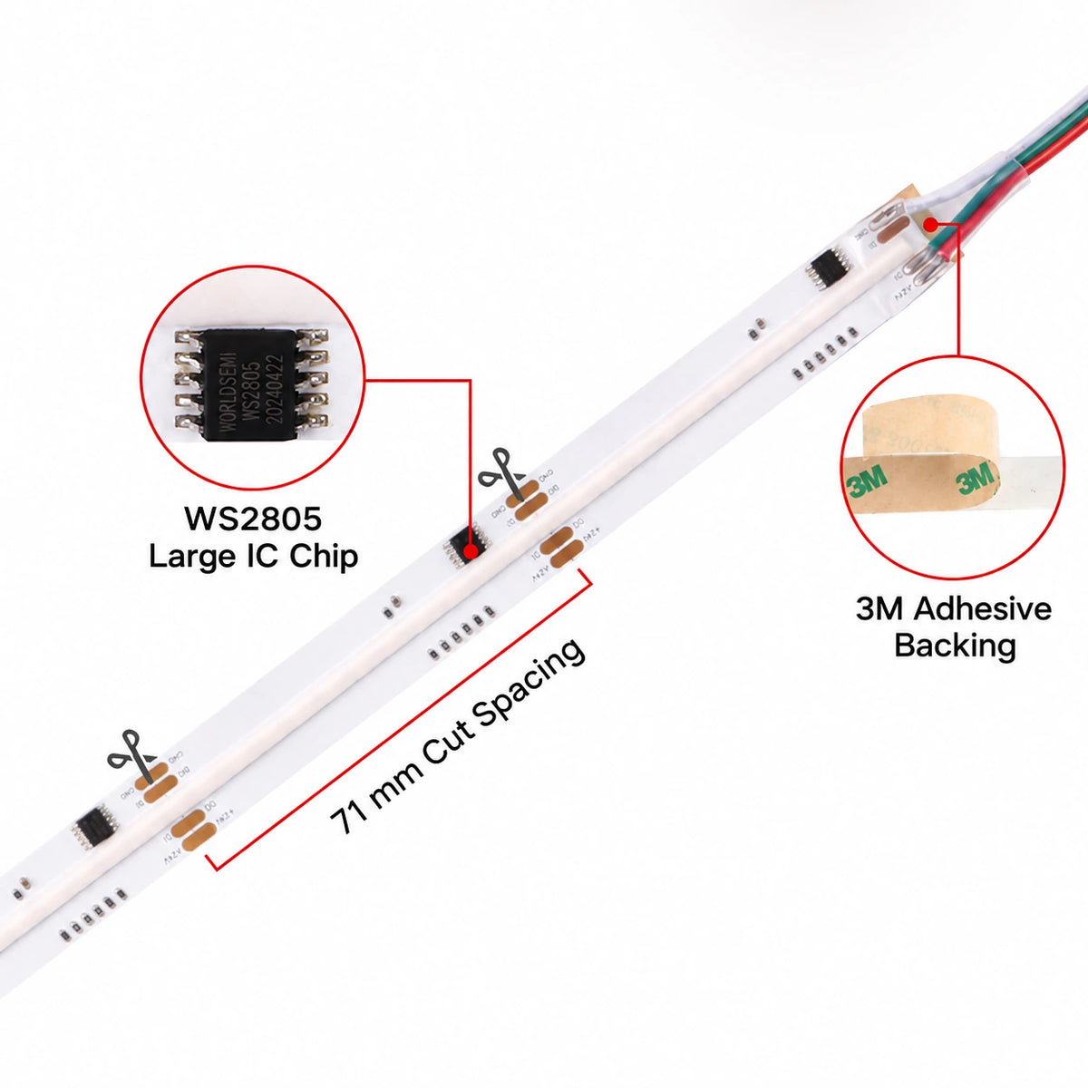 15mm 24V WS2805 Addressable RGB+CCT COB LED Strip Lights, 840 LEDs/m