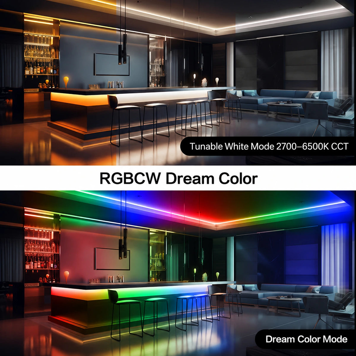 15mm 24V WS2805 Addressable RGB+CCT COB LED Strip Lights, 840 LEDs/m