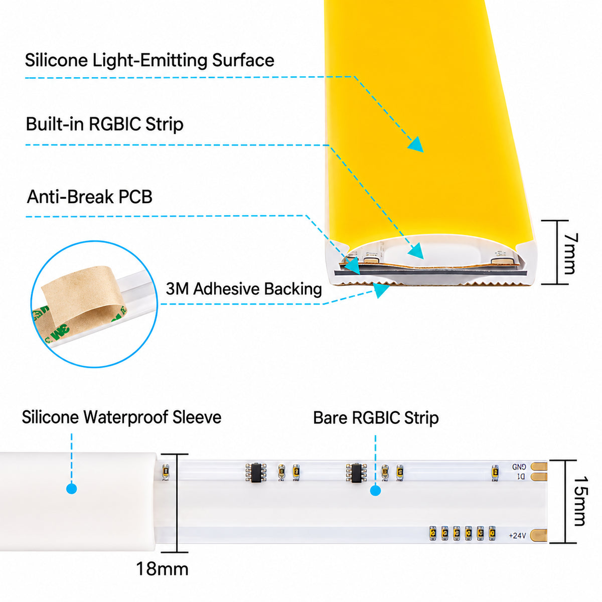 15mm*7mm 24V RGBWC COB Neon LED Strip Lights - 1428 LEDs/m, 26W/m, IP65