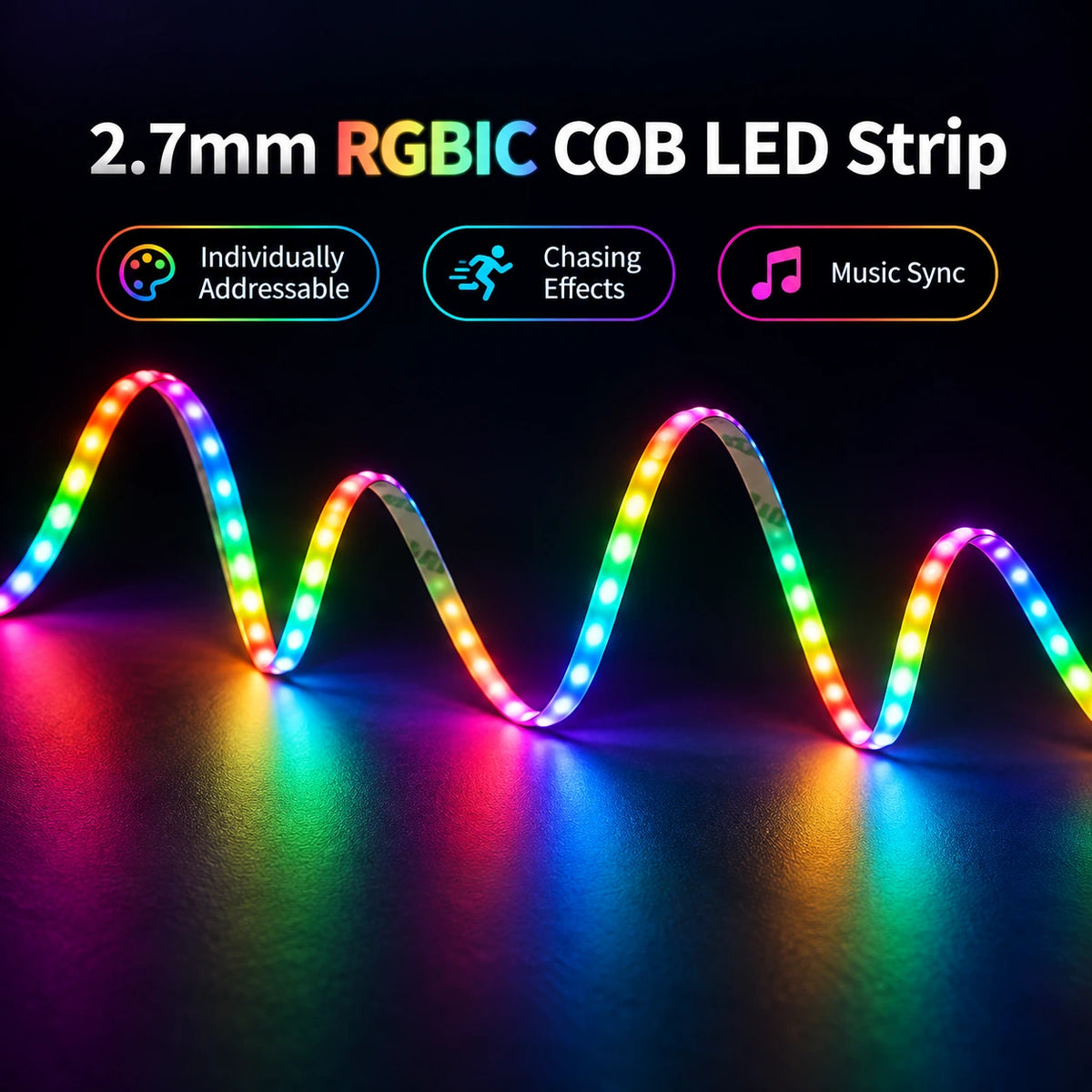 2.7mm Ultra Narrow 5V WS2812 Addressable RGB COB LED Strip Lights, 160 LEDs/m