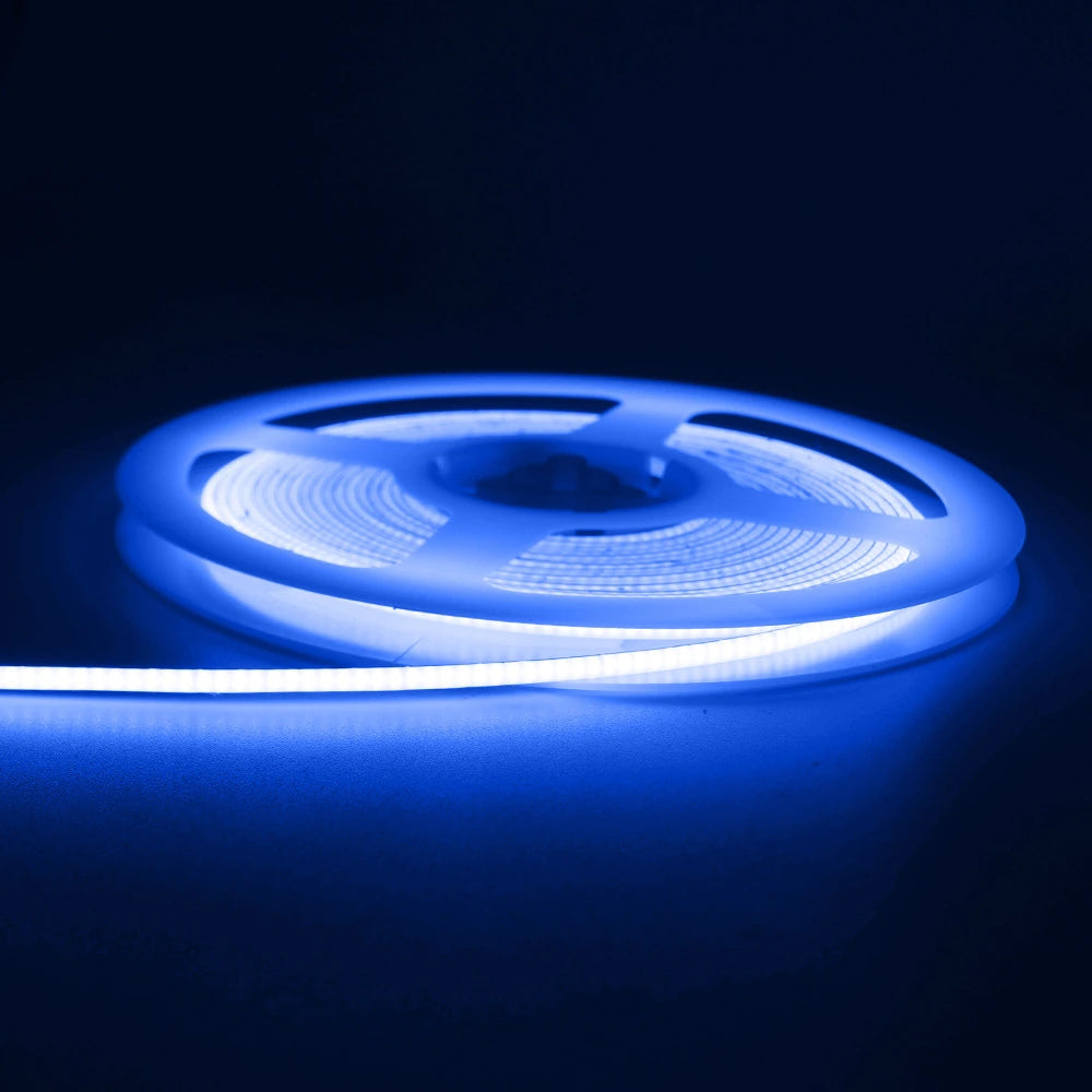 2.7mm COB LED strip lit in blue, ultra-narrow double-sided PCB