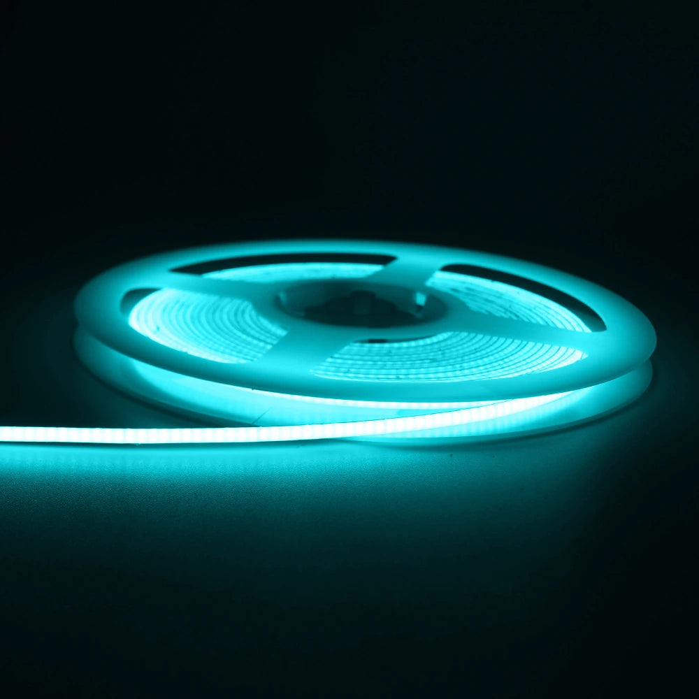 2.7mm COB LED strip lit in ice blue, powered from a 3.7V lithium cell