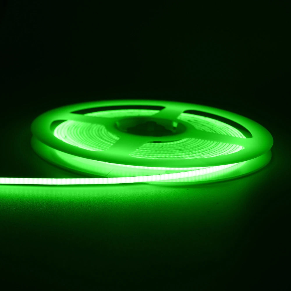 2.7mm COB LED strip lit in green, 480 LEDs/m dot-free line of light