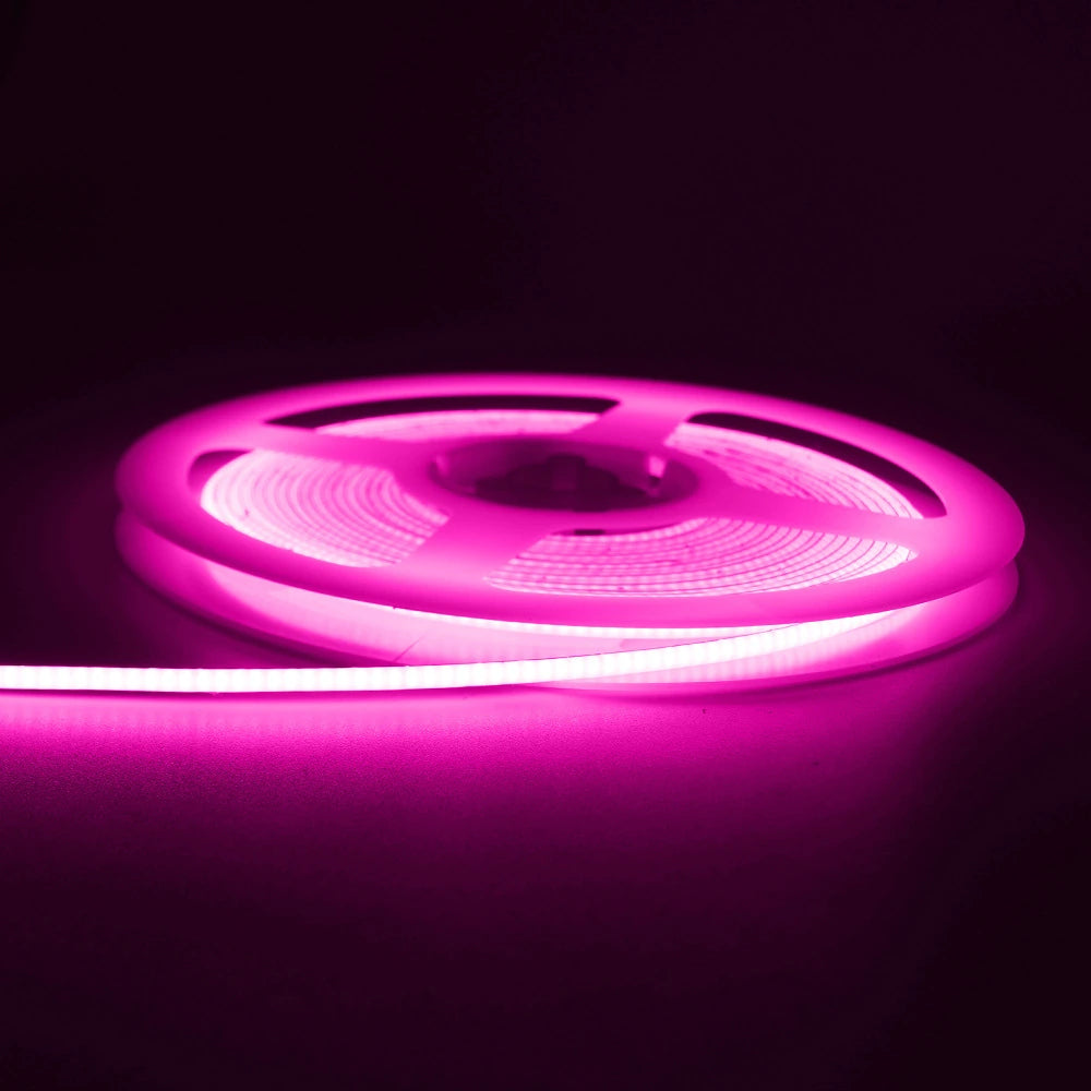 2.7mm COB LED strip lit in pink, 5V and 12V versions