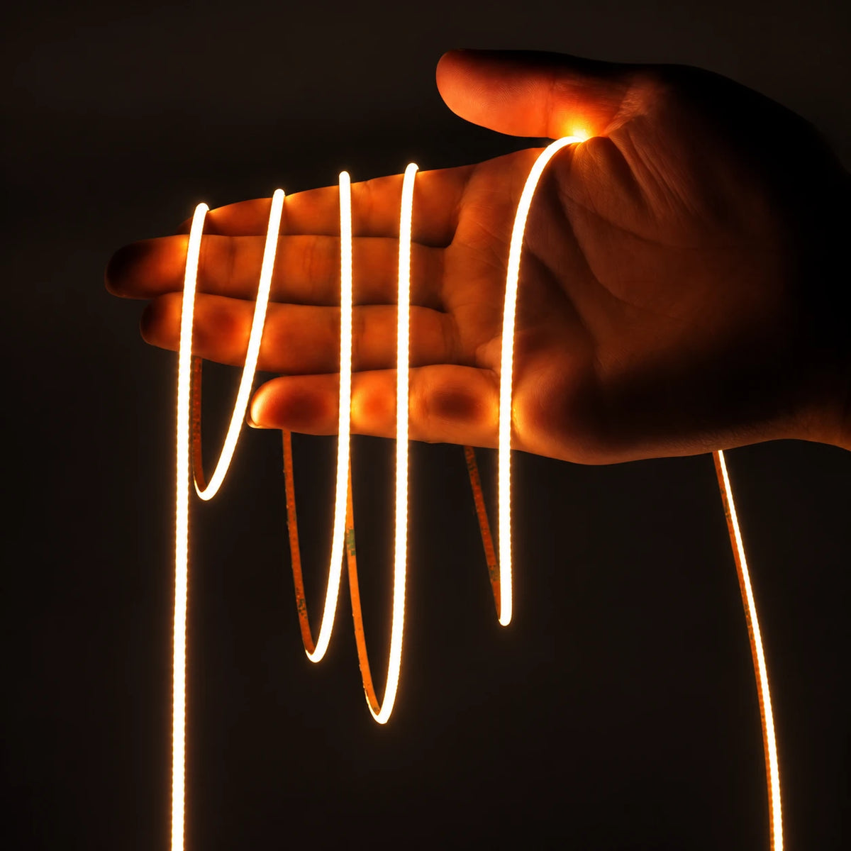 2mm COB LED strip held in hand to show how narrow the 2mm PCB is