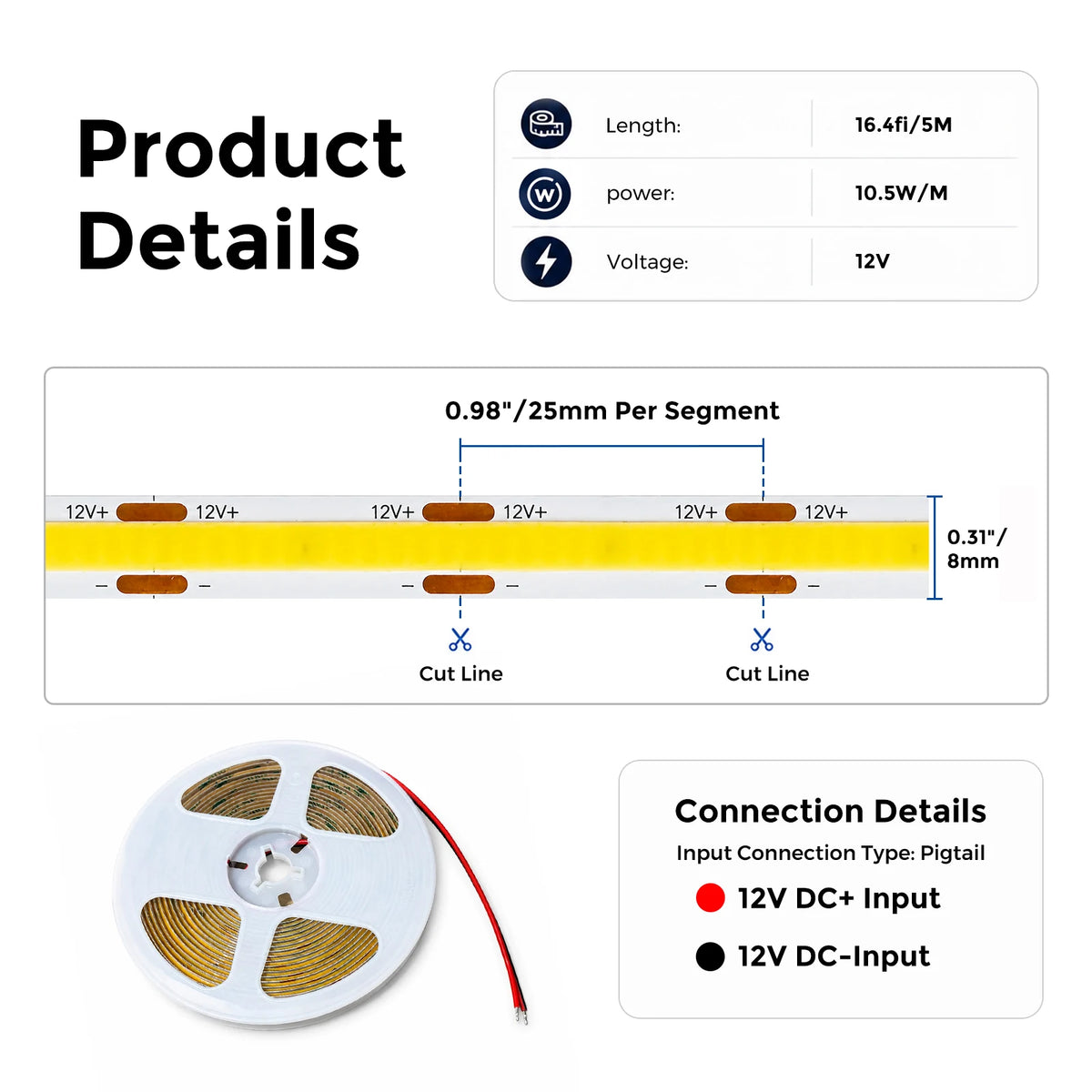 8mm COB White LED Strip Light, 480 LEDs/m, 12V
