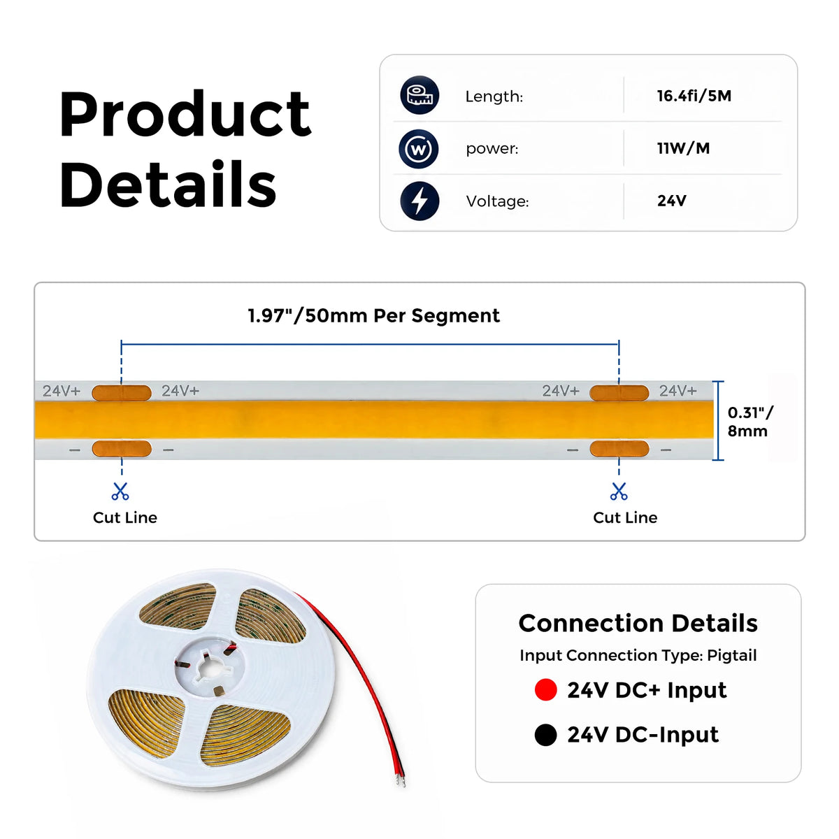 480 LEDs/m COB LED Strip Lights – 8mm, 11W/m, 24V