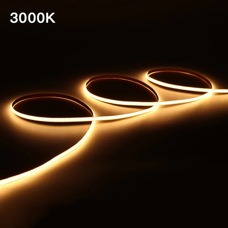 4mm COB LED strip lit in 3000K warm white, CRI 90, 480 LEDs/m