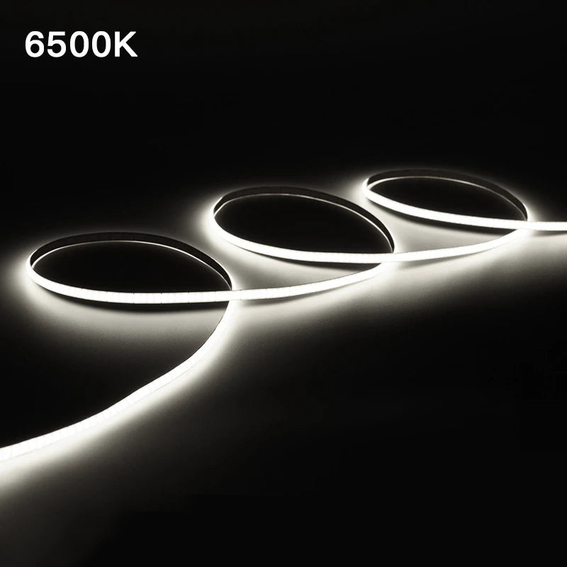4mm COB LED strip lit in 6500K cool white, seamless dot-free line of light