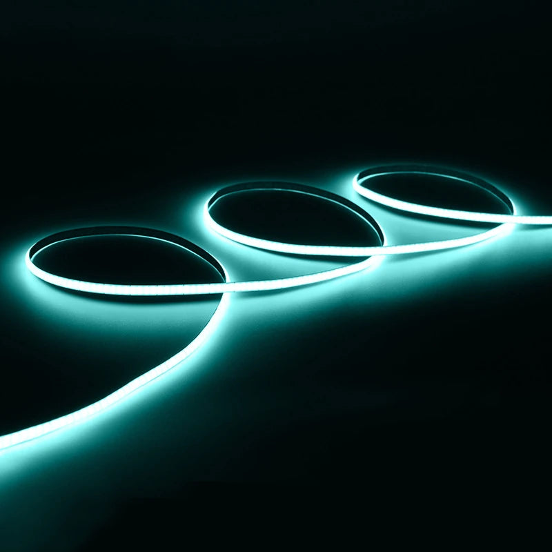 4mm COB LED strip lit in cyan blue, 12V single color version