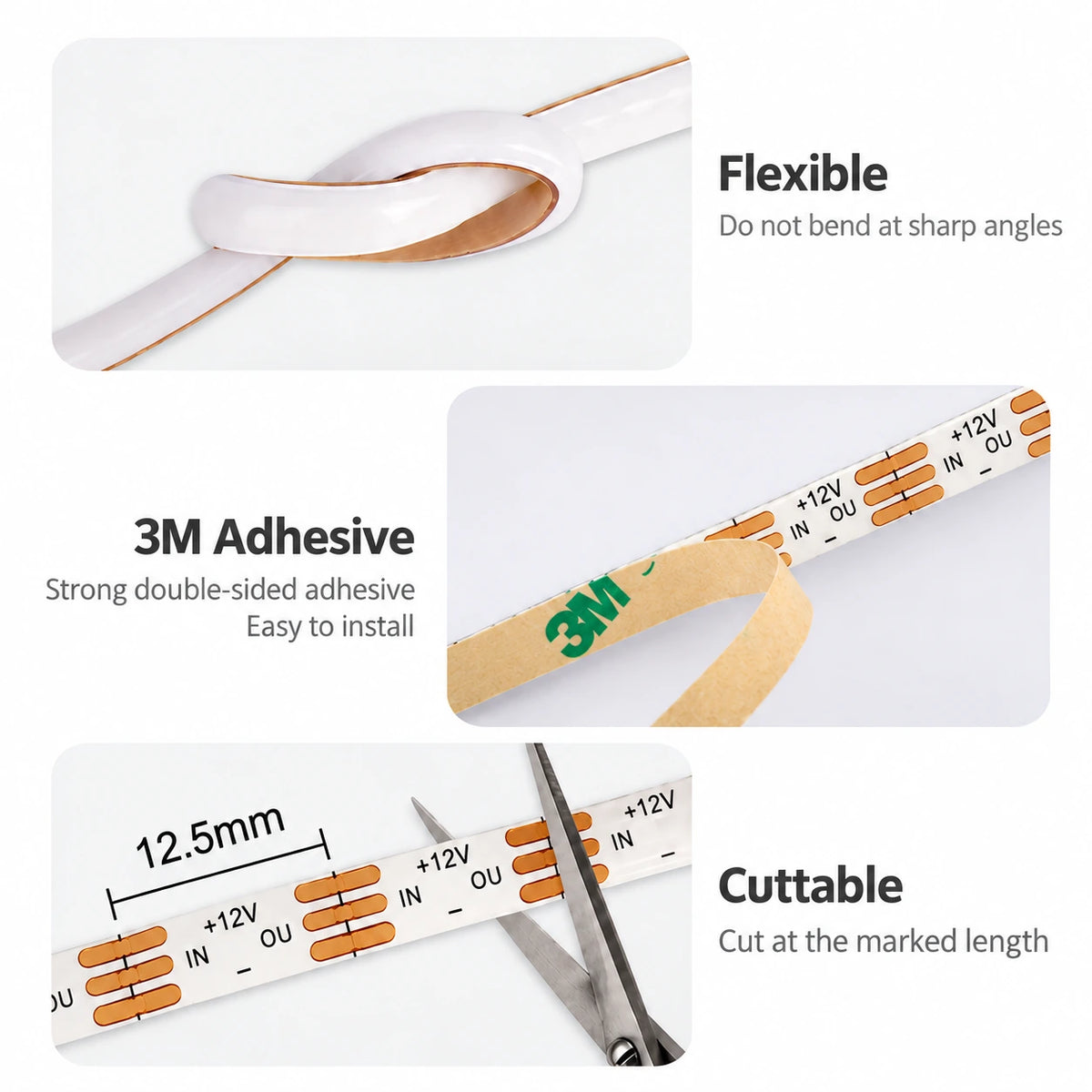 5mm 12V Addressable RGB COB LED Strip Lights, 240 LEDs/m