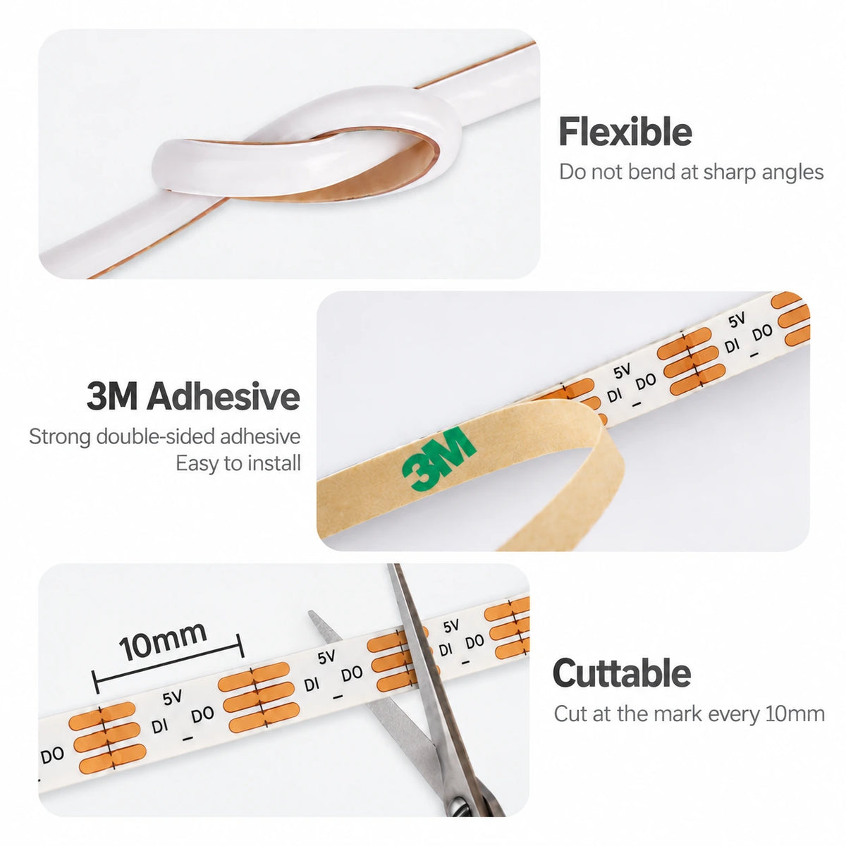 5mm 5V Addressable RGB COB LED Strip Lights, 100 LEDs/m