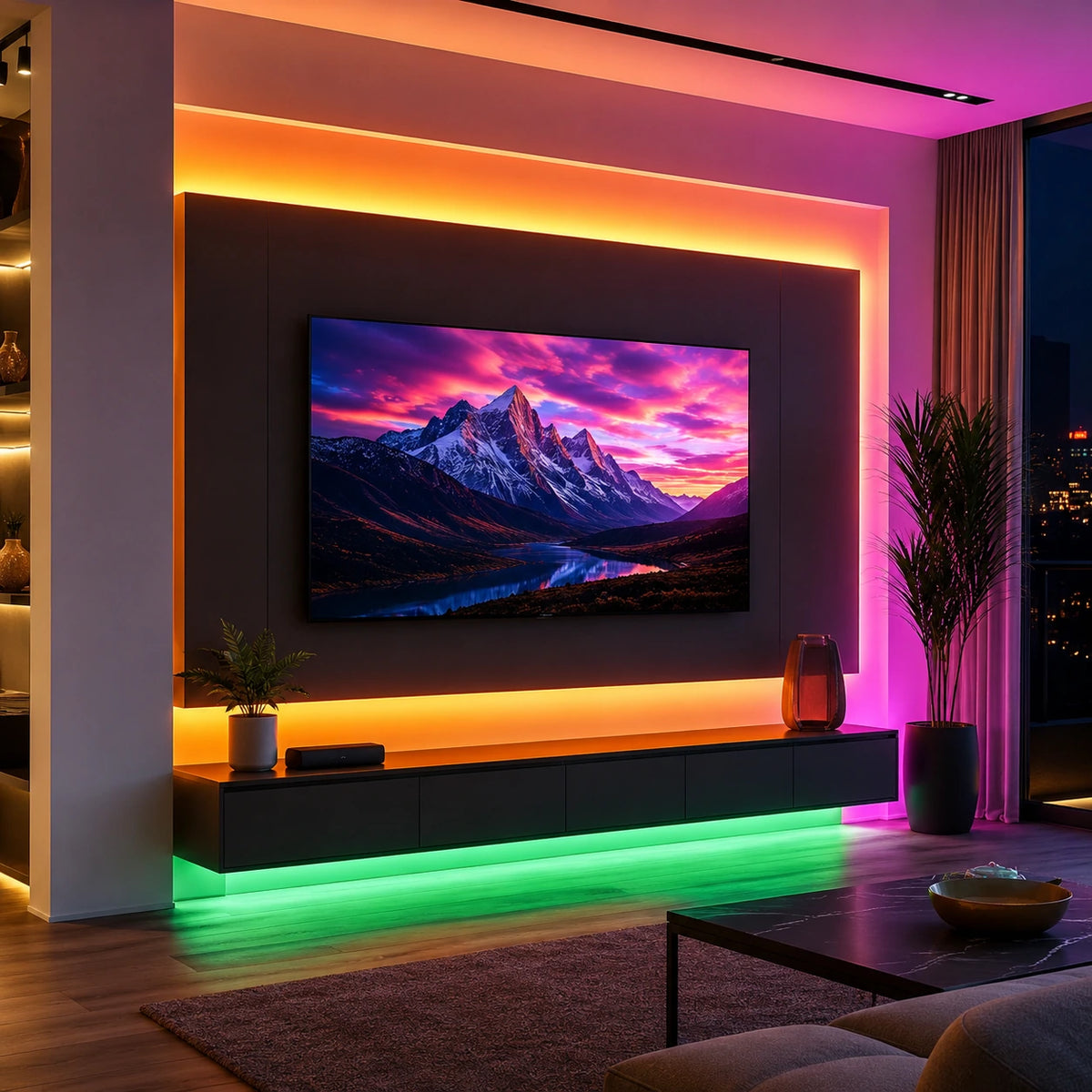 Amber and ice blue dual-color LED strip lighting a decorative display