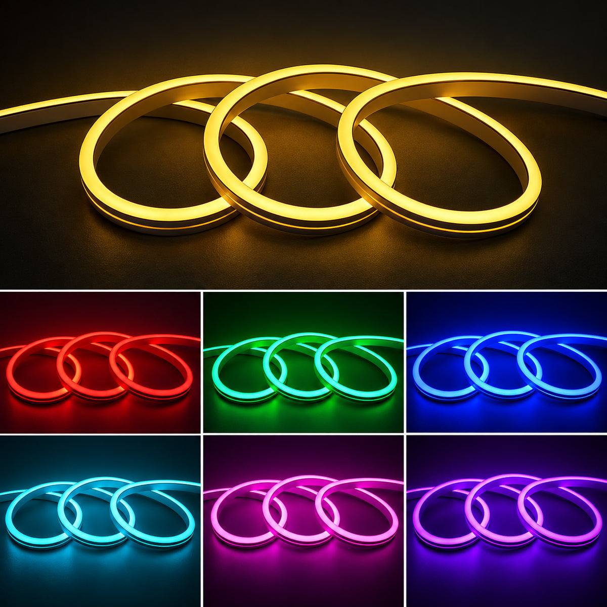 6x12mm RGB Silicone Neon LED Strip Lights - 120 LEDs/m, 12V/24V, 14.4W/m, IP67