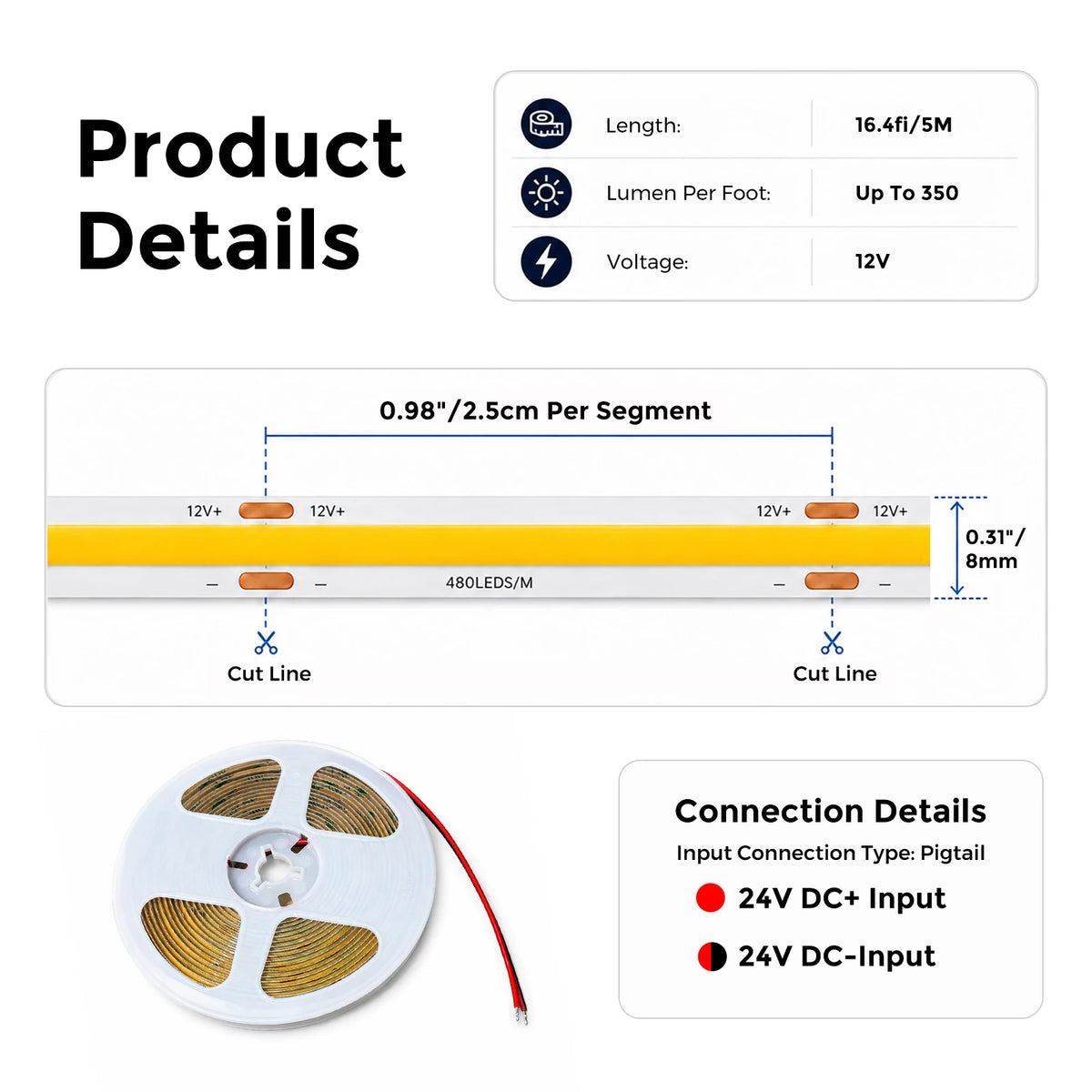 8mm COB White LED Strip Light, 480 LEDs/m, 12V