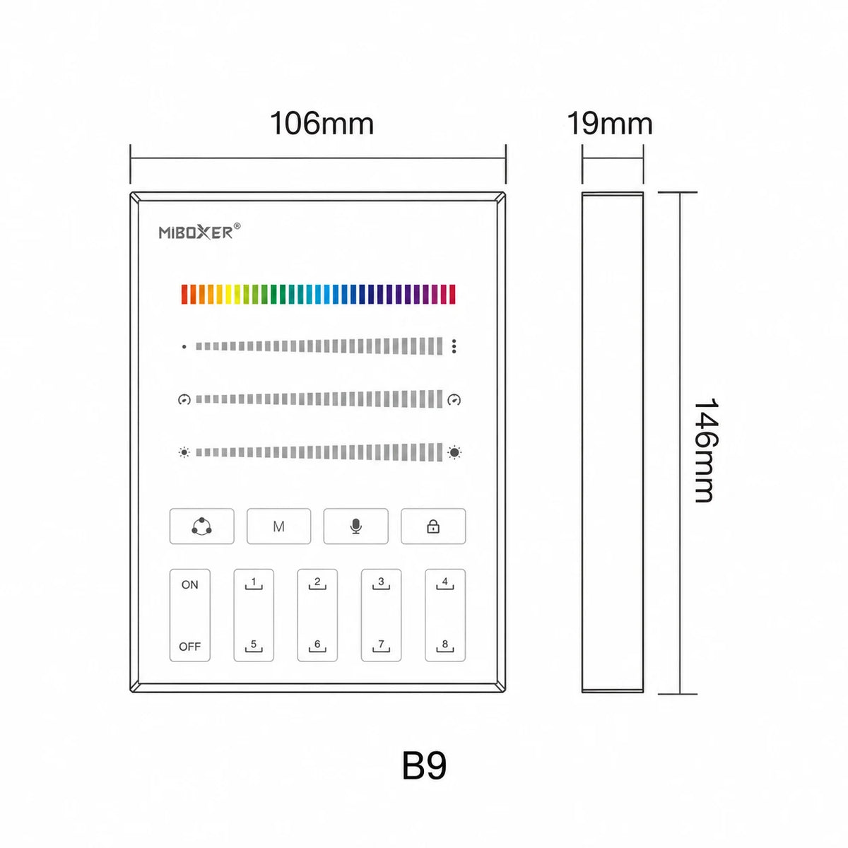 B9 LED control panel dimension drawing, 106 x 146 mm