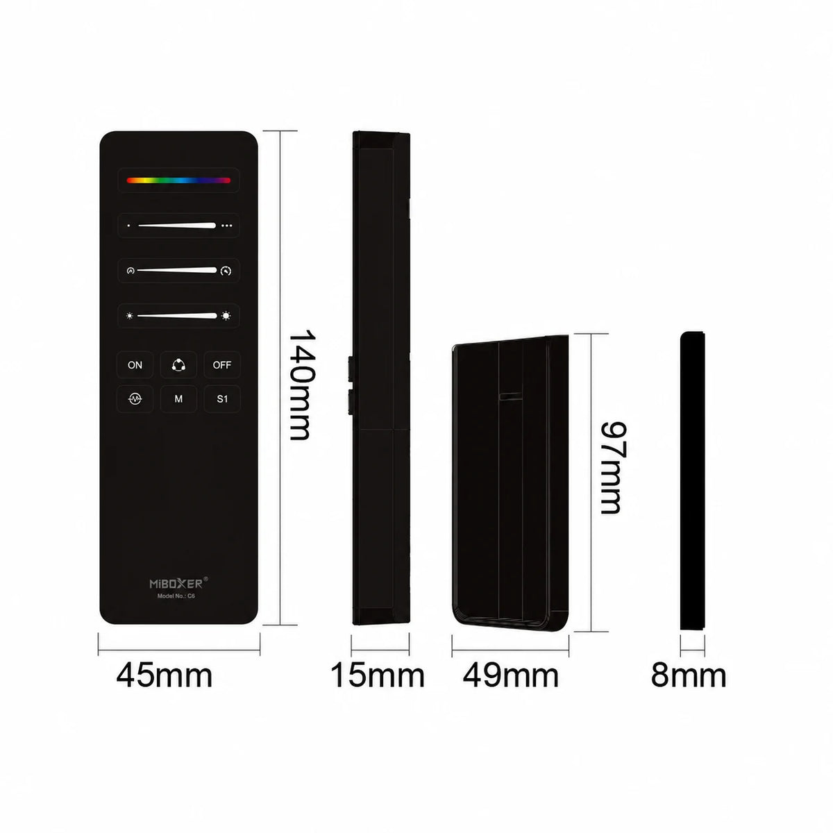 C6 handheld LED remote dimension drawing, 140 mm