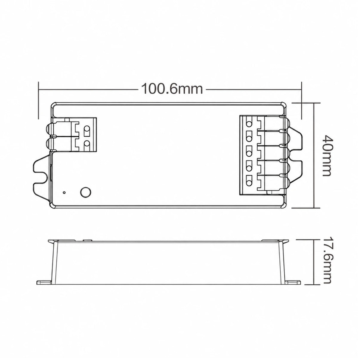 E2 LED controller dimension drawing, 100.6 mm housing