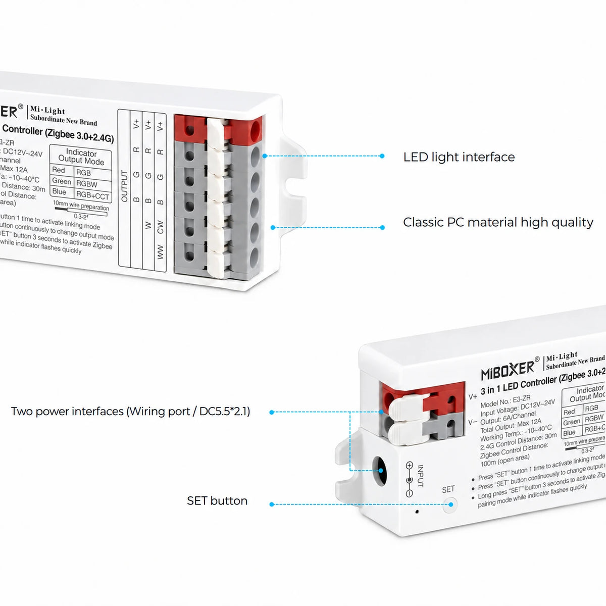 E2 LED controller wiring terminals and SET mode button