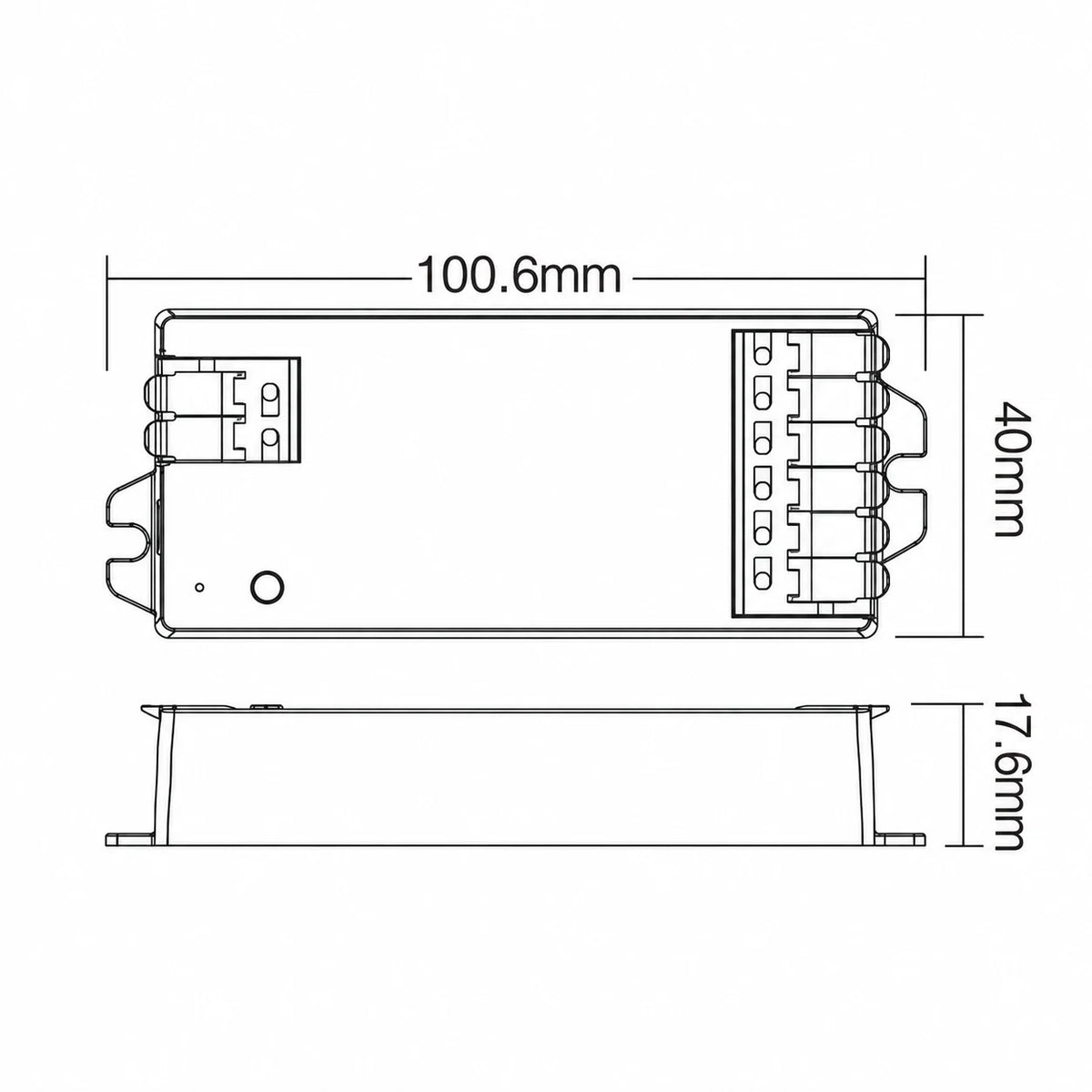 E3-RF LED controller dimension drawing, 100.6 mm housing