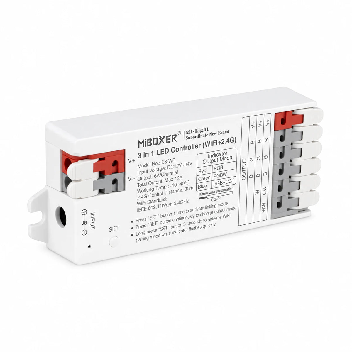 E3-WR WiFi LED controller at an angle showing the push-fit terminals