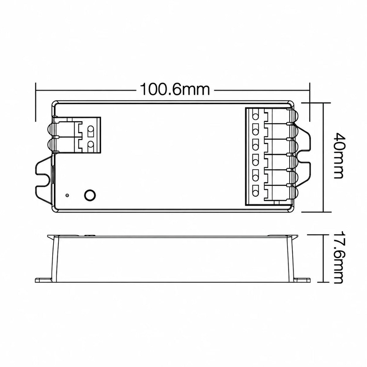 E3-WR WiFi LED controller dimension drawing, 100.6 mm housing