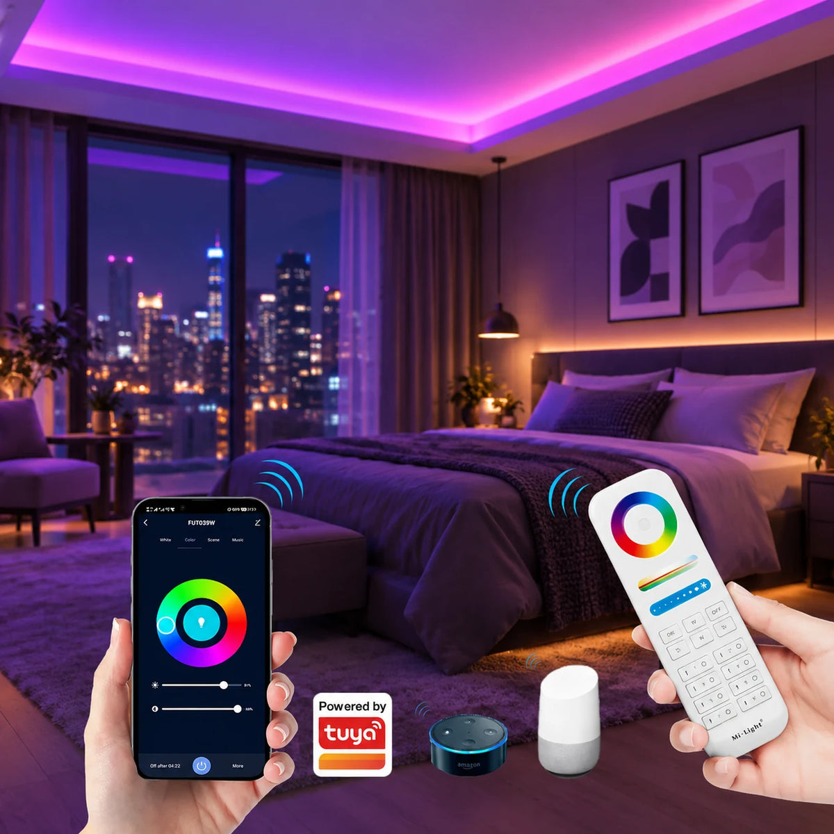 E3-WR WiFi LED controller running smart bedroom strip lighting from a phone
