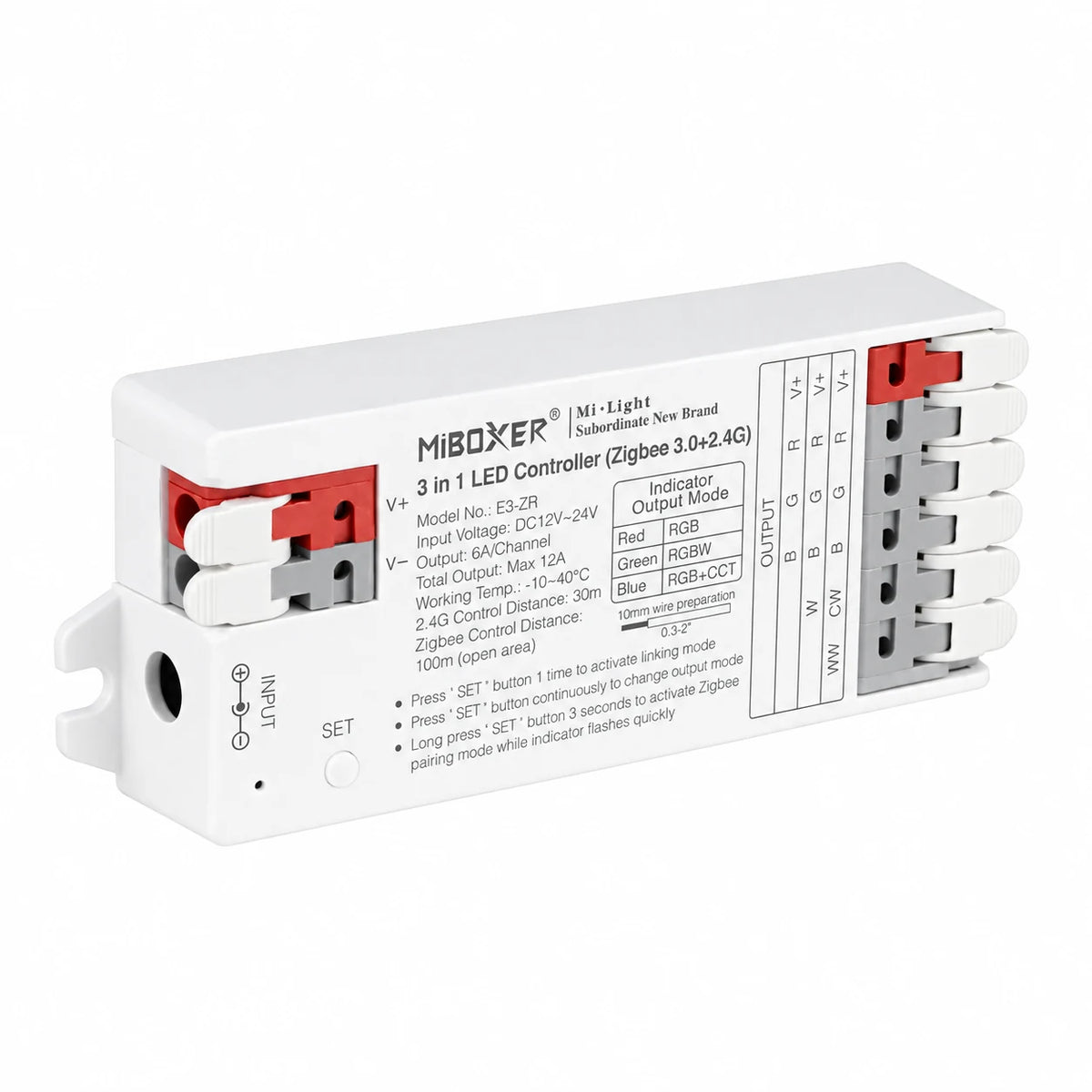 E3-ZR Zigbee LED controller at an angle showing the push-fit terminals