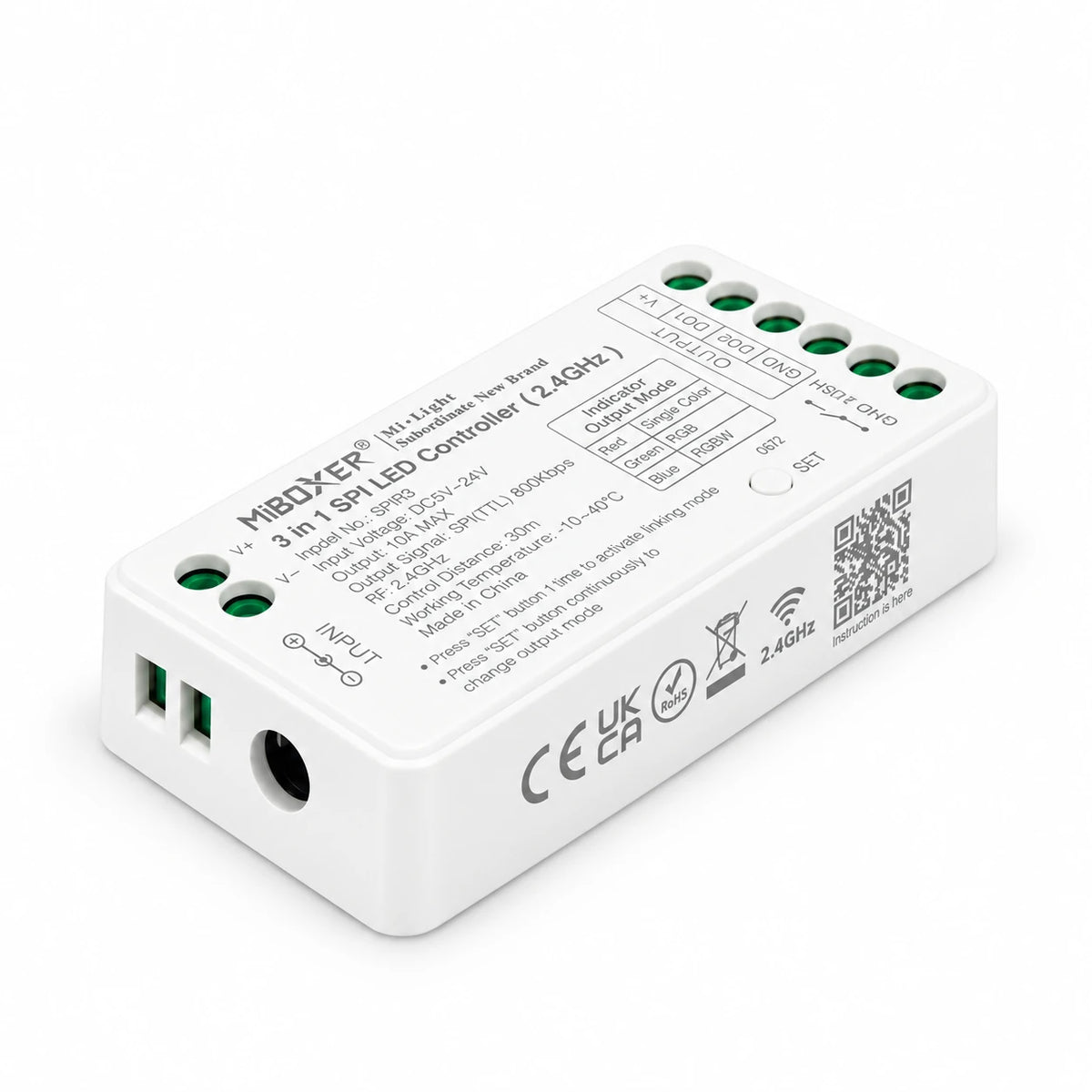 SPIR3 SPI LED controller at an angle showing the 2.4GHz RF antenna and terminals