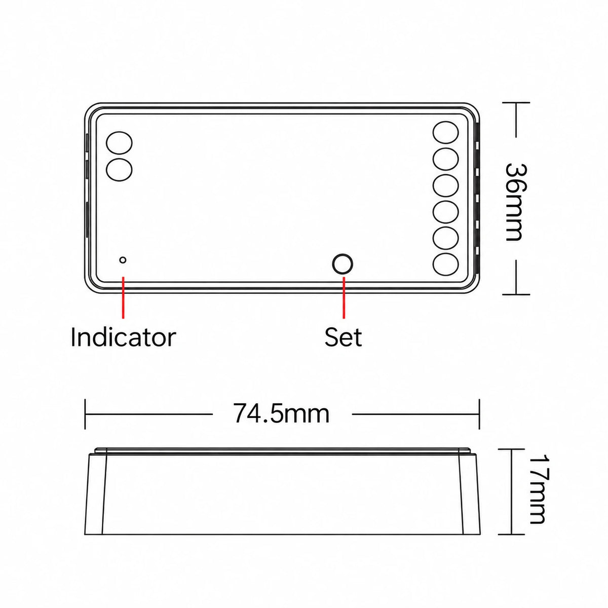 SPIR3 SPI LED controller dimension drawing, 74.5 mm housing