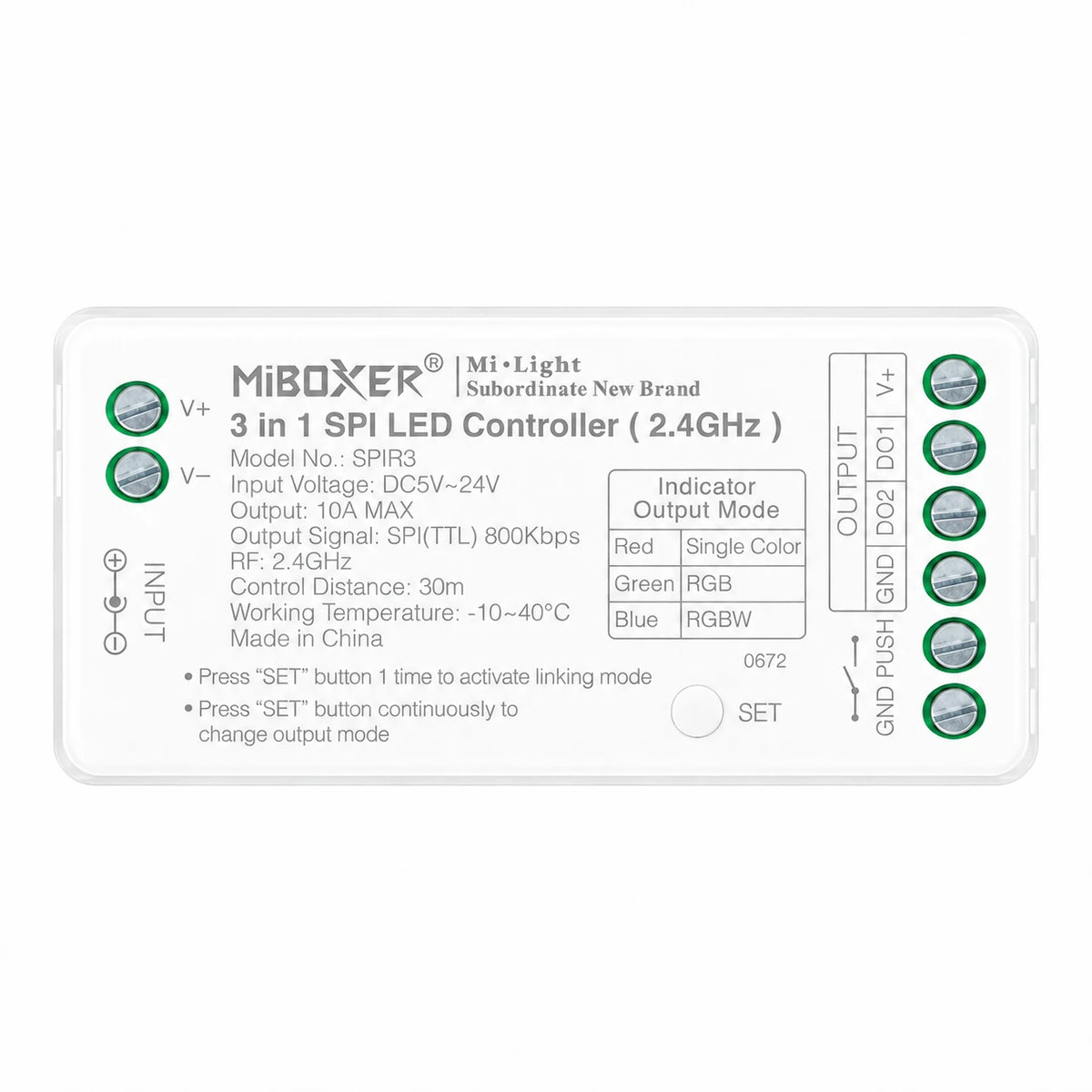 SPIR3 3-in-1 SPI addressable LED controller, top view of the housing