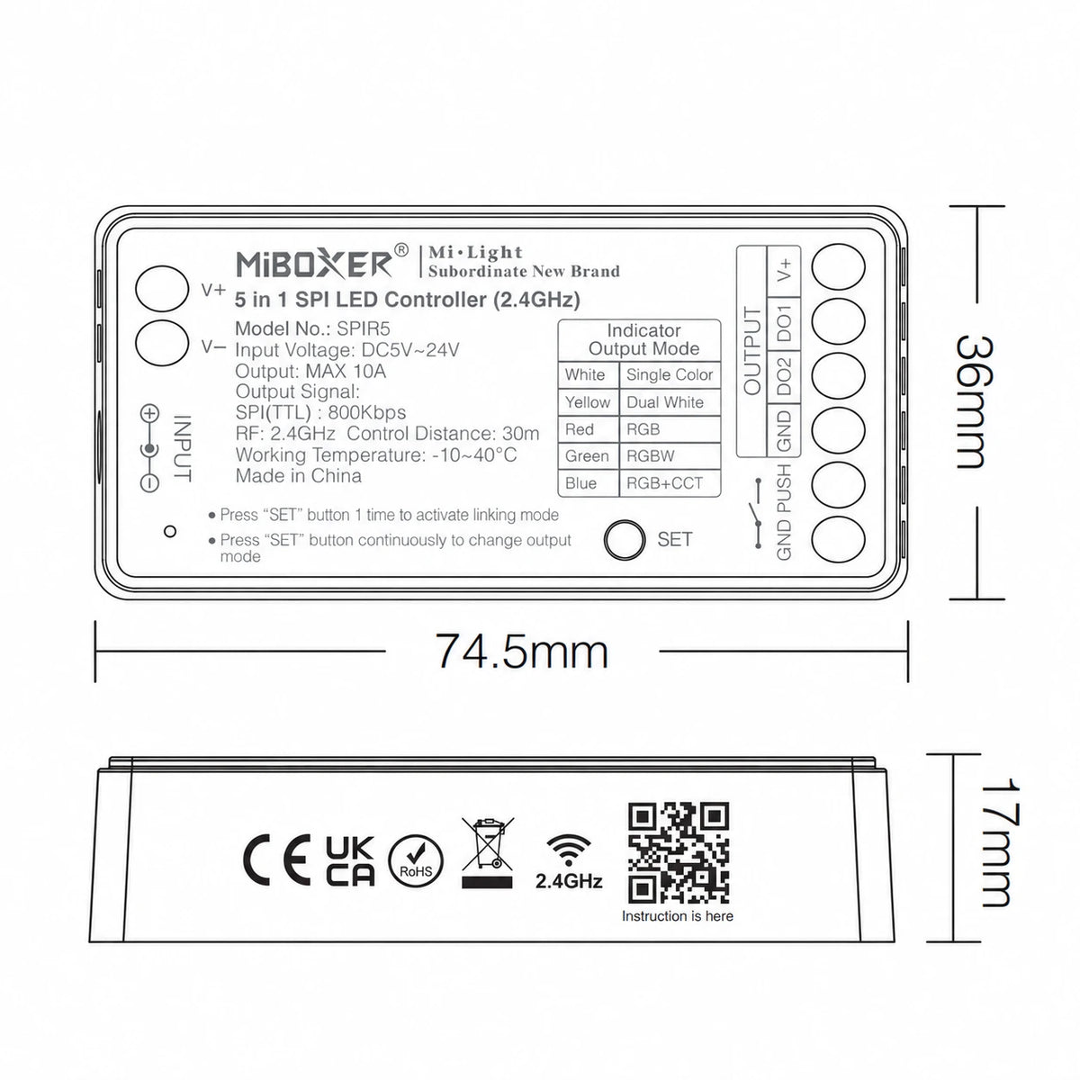 SPIR5 SPI LED controller dimension drawing, 74.5 mm housing