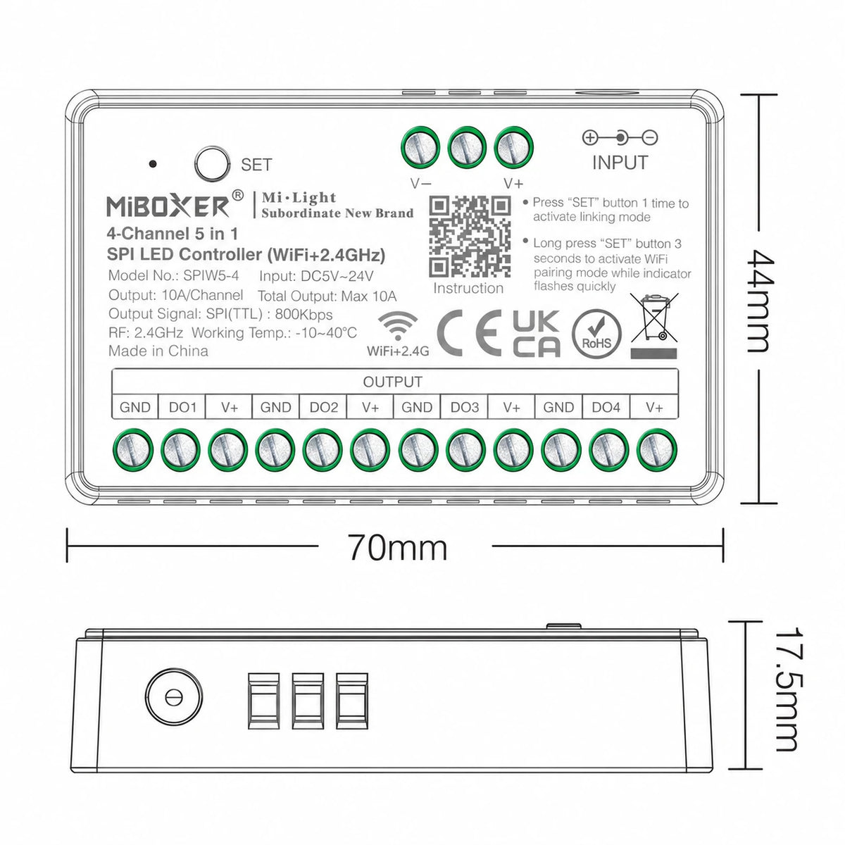 SPIW5-4 four-channel SPI LED controller dimension drawing, 70 mm housing
