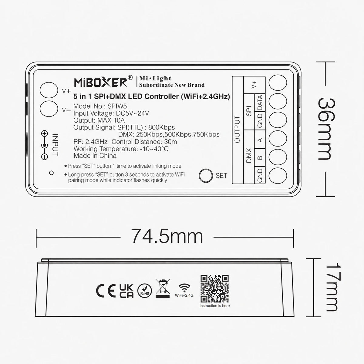 SPIW5 5-in-1 SPI and DMX512 LED controller, WiFi version, top view