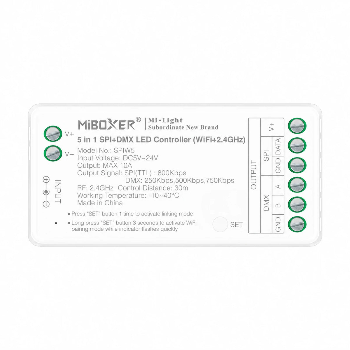 SPIW5 5-in-1 SPI and DMX512 LED controller, WiFi version, top view