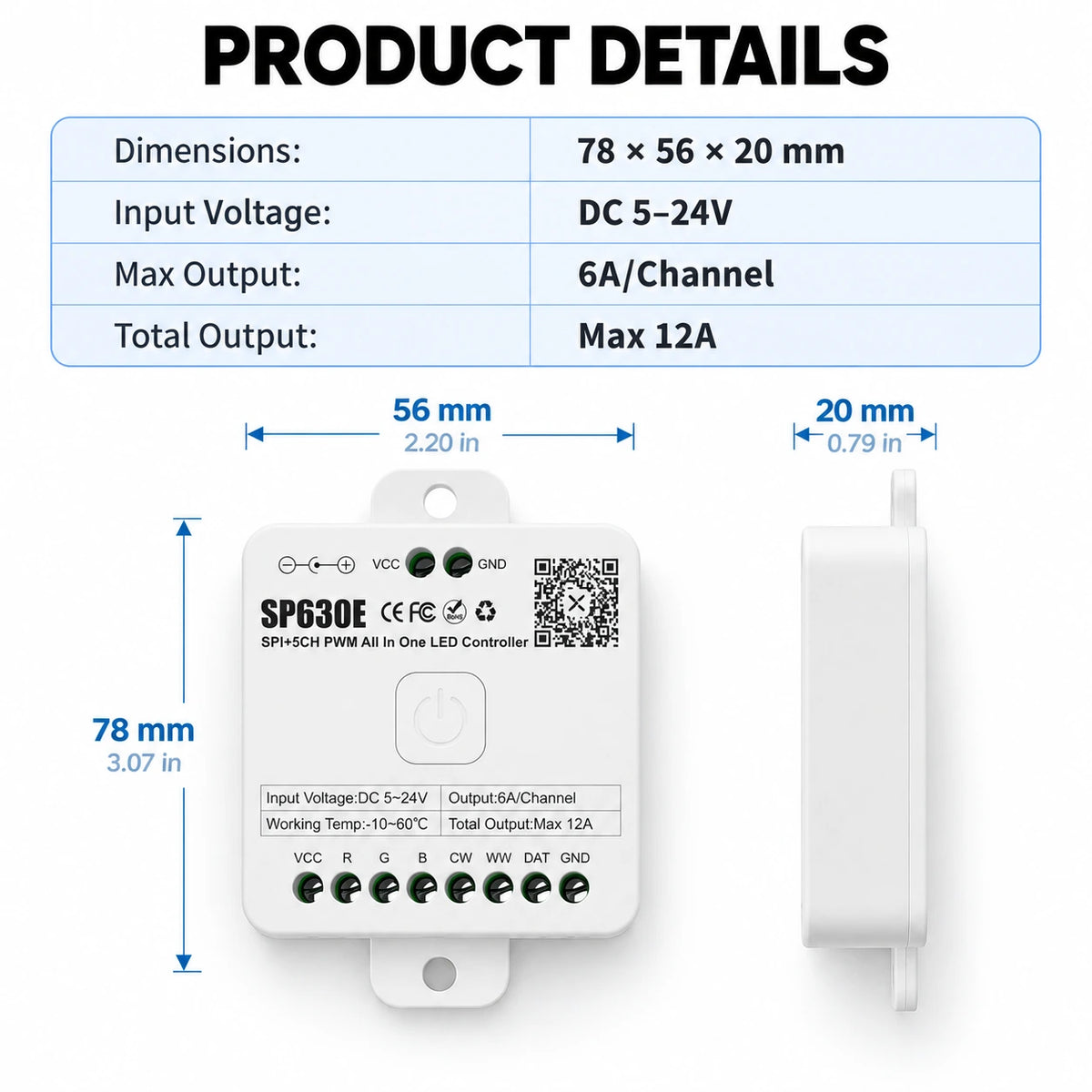 All-in-One LED Strip Controller, 12 LED Types PWM + SPI, 5-24V Bluetooth – SP630E