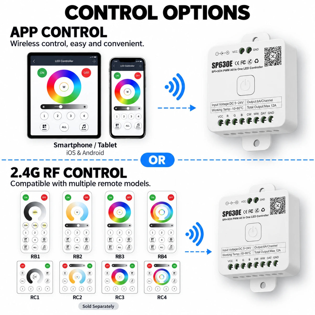 All-in-One LED Strip Controller, 12 LED Types PWM + SPI, 5-24V Bluetooth – SP630E
