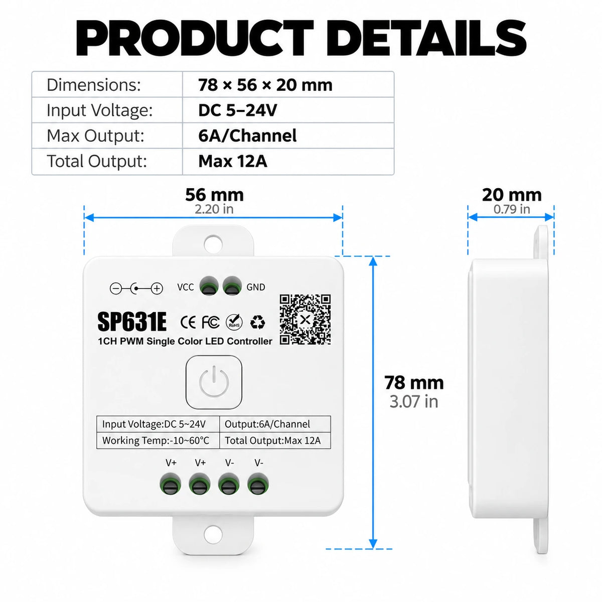 Single Color LED Strip Dimmer Controller, 5-24V PWM, Bluetooth App & 2.4G Remote – SP631E