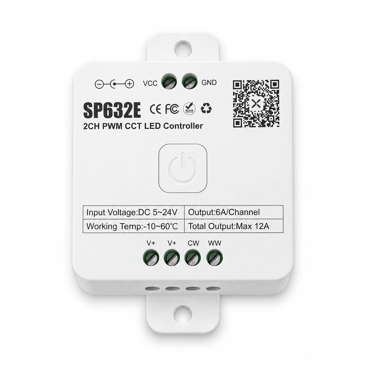 CCT LED Strip Controller for Tunable White, 5-24V 2CH PWM, Bluetooth App – SP632E