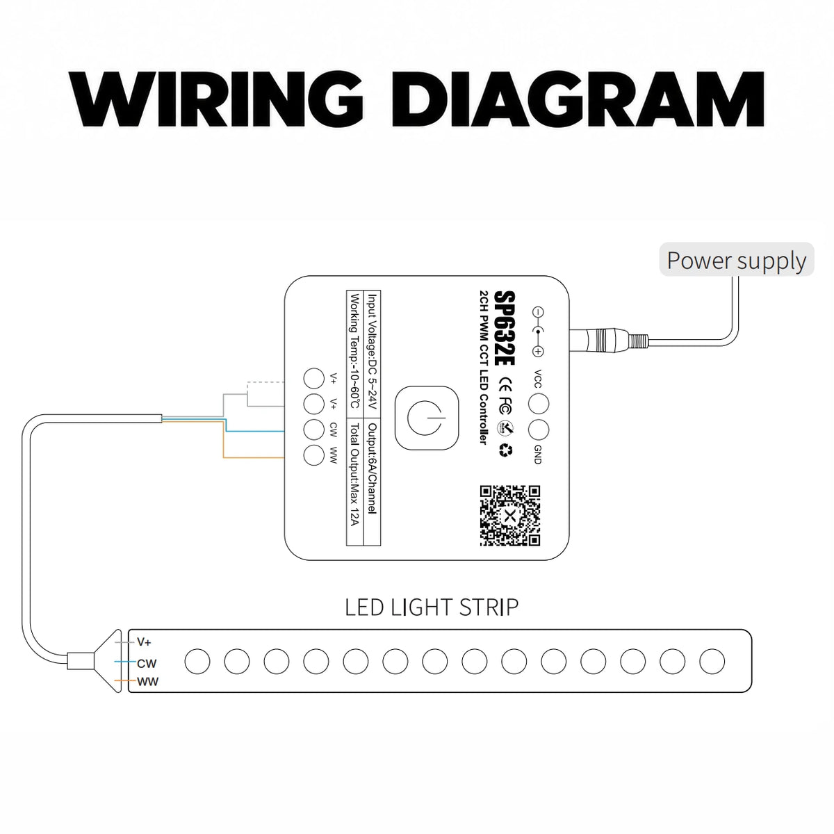 CCT LED Strip Controller for Tunable White, 5-24V 2CH PWM, Bluetooth App – SP632E