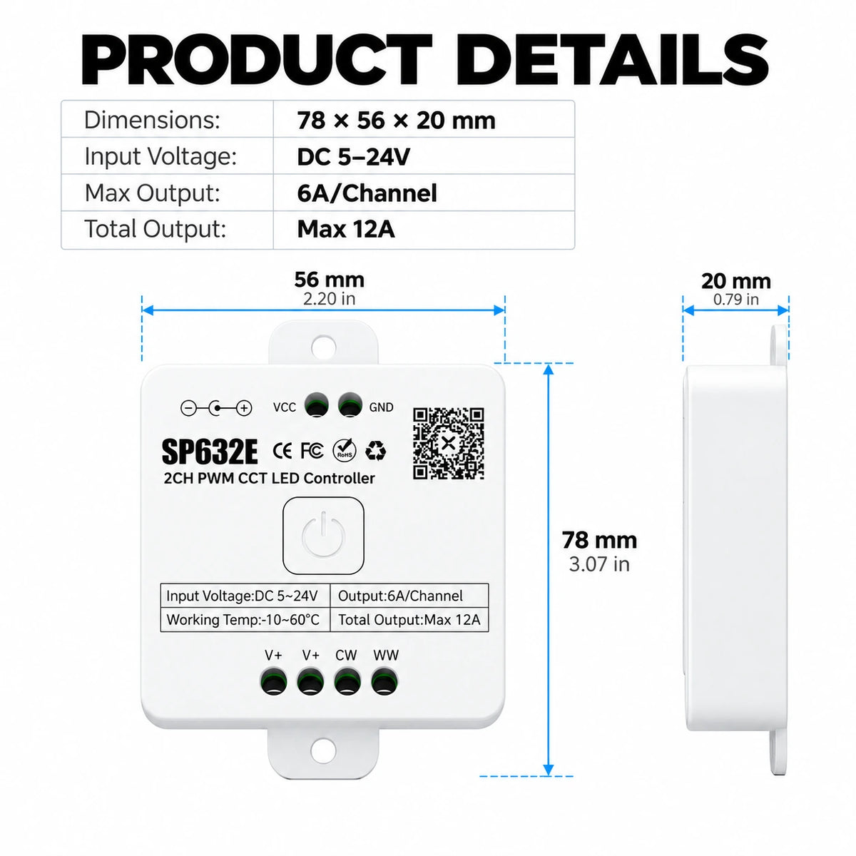 CCT LED Strip Controller for Tunable White, 5-24V 2CH PWM, Bluetooth App – SP632E