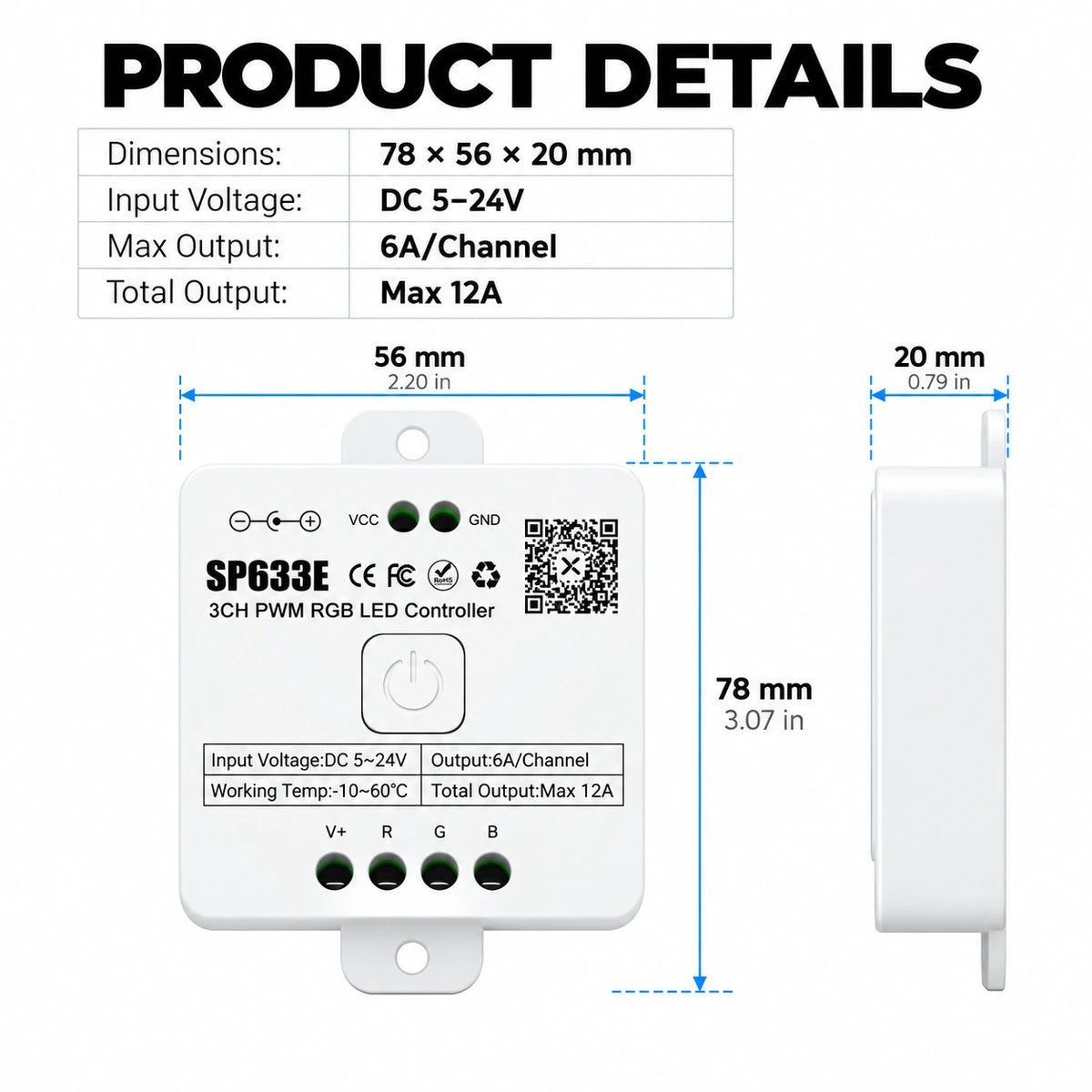 RGB LED Strip Controller, 5-24V 3CH PWM, Bluetooth App & 2.4G Remote – SP633E