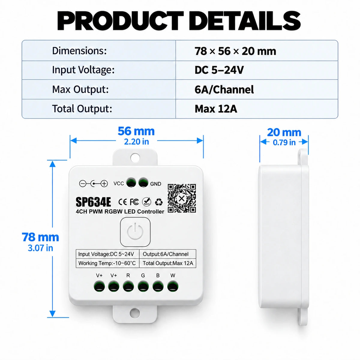RGBW LED Strip Controller, 5-24V 4CH PWM, Bluetooth App & 2.4G Remote – SP634E
