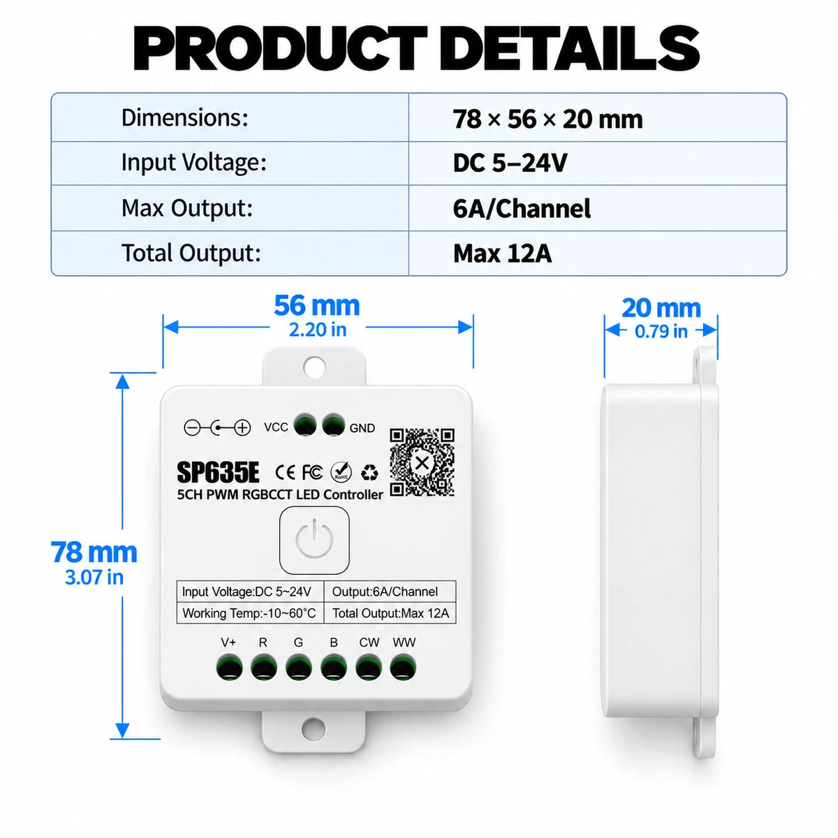 RGBCCT LED Strip Controller 5-in-1, 5-24V 5CH PWM, Bluetooth App – SP635E