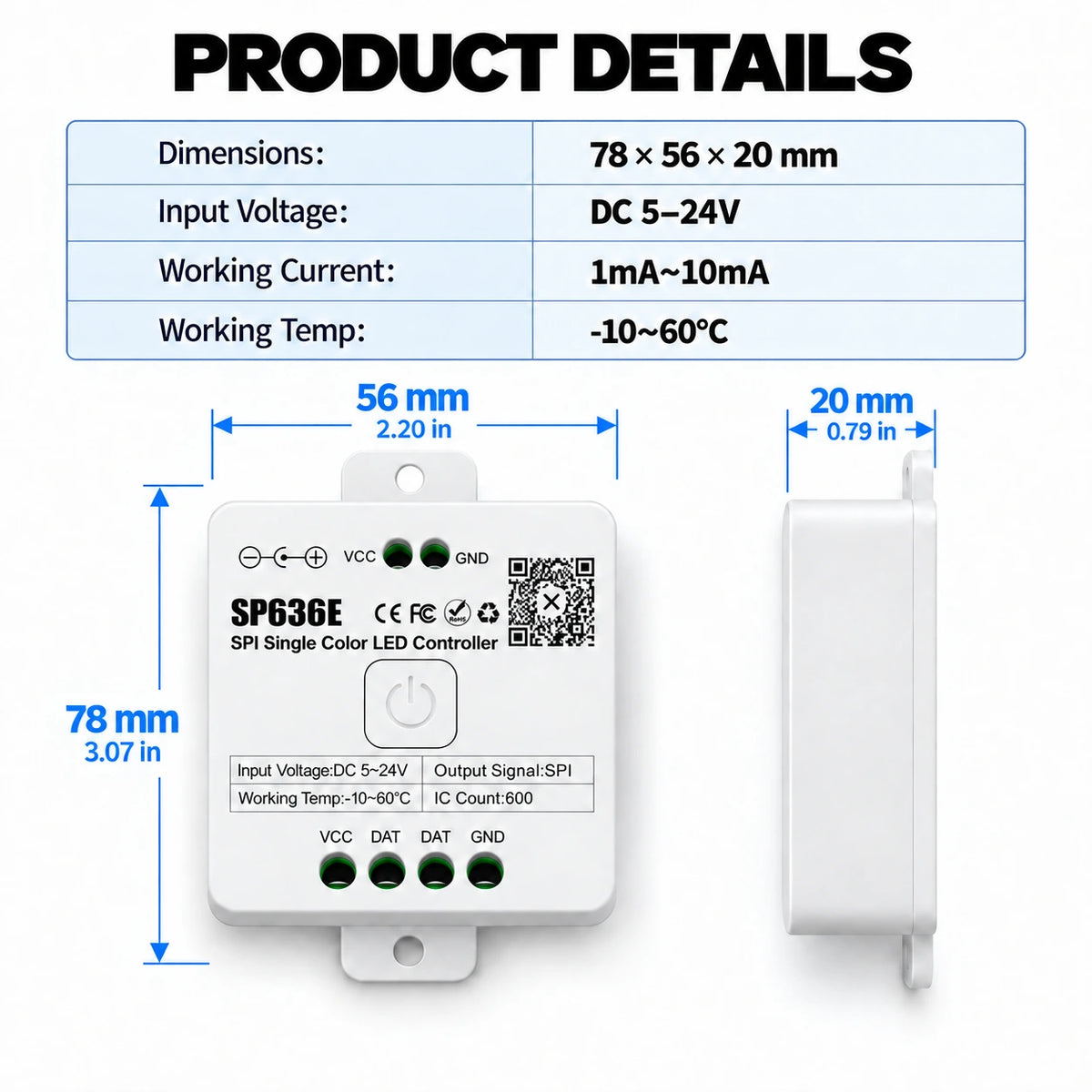 Addressable Single Color LED Strip Controller, SPI 5-24V, Bluetooth App – SP636E