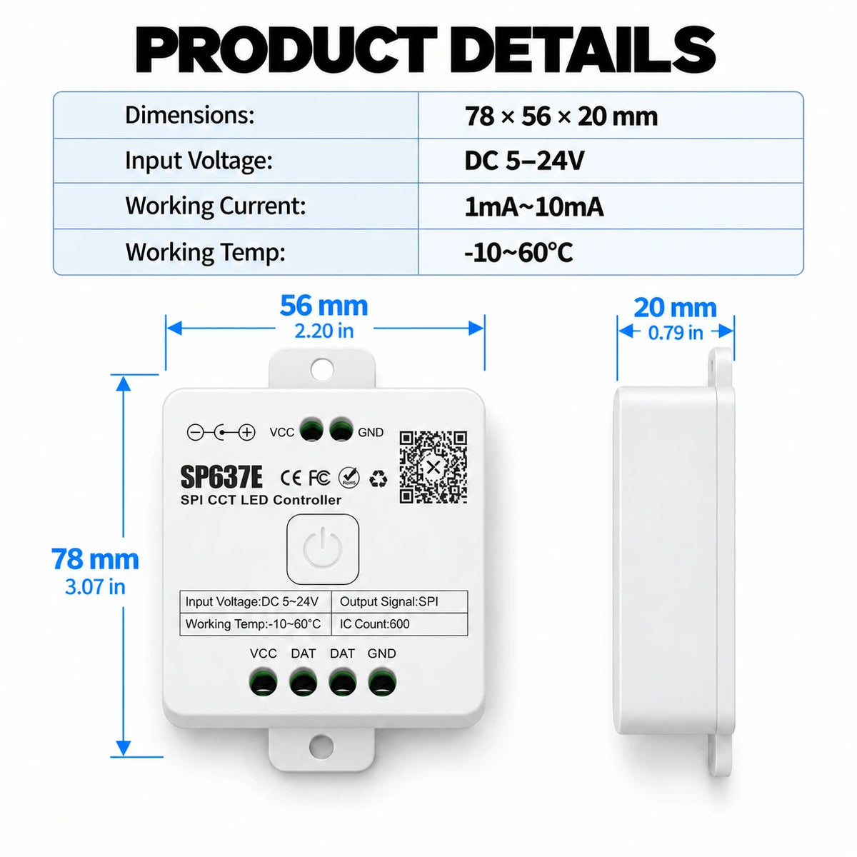Addressable CCT LED Strip Controller, SPI 5-24V, Bluetooth App & Remote – SP637E