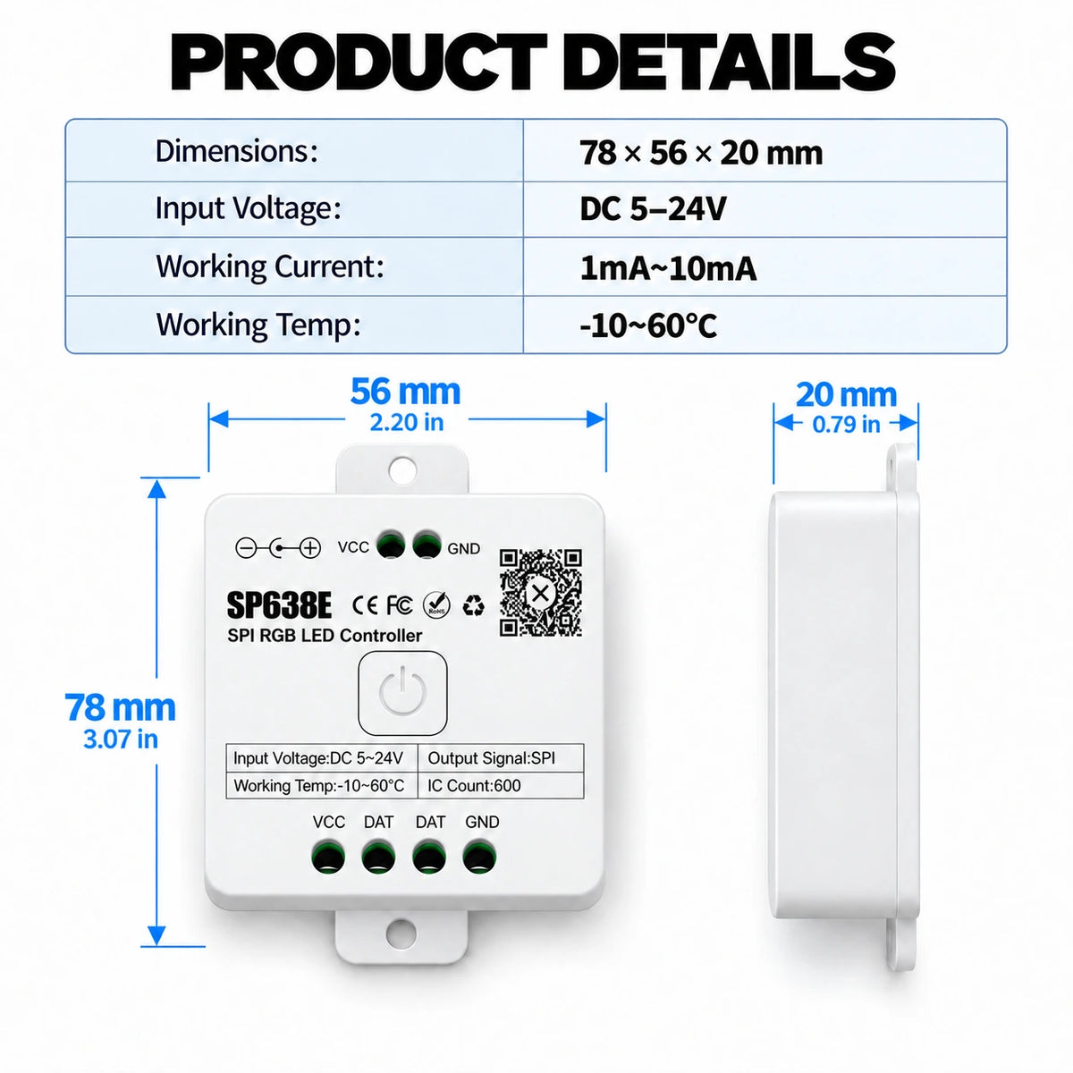 Addressable RGB LED Strip Controller for WS2812B / WS2811, 5-24V SPI – SP638E